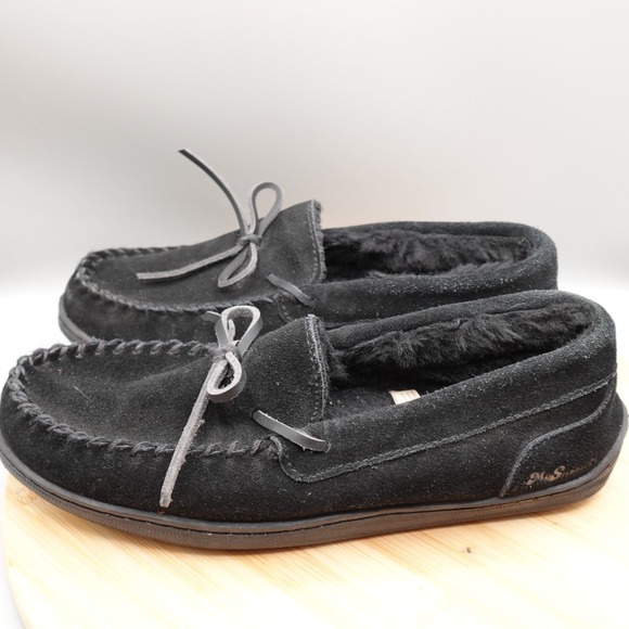 Other - My Slippers Moccasins Mens 9 Faux Fur Lined  Black Suede Comfort Slip On Flaws